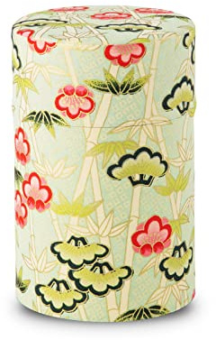 NOREN Tarro de té japonés (papel Yuzen Washi), tamaño de 3.5 onzas, incluye tapa interior hermética a prueba de humedad/tarro de cocina para hojas sueltas té de café (pino, bambú y