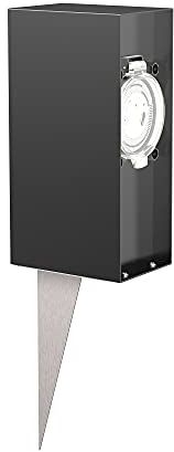 ledscom.de Garten-Steckdosensäule POMI mit Erdspieß für außen, IP44, Timer/Zeitschaltuhr, 2-Fach, schwarz, eckig, 23cm