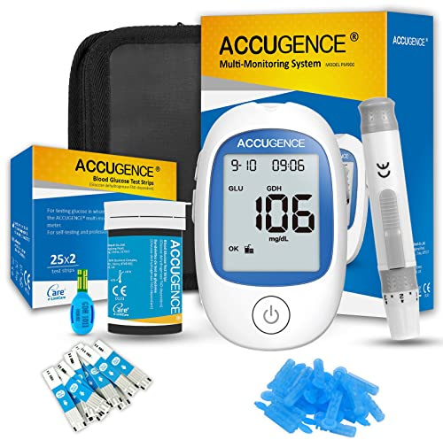 ACCUGENCE Monitor de glucosa en sangre. Con medidor de glucosa en sangre multifuncional, 50 Tiras de Prueba de Glucosa en Sangre. medidor de azúcar en la sangre, Glucómetro mg/dL