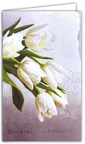 14-625 Carte illustrée avec enveloppe blanche 12x19,5cm Sincères CONDOLÉANCES Argenté Gaufrage Papier en Relief Découpé Bouquet de Fleurs Tulipes Blanches Pureté Cérémonie d'Adieux Laïque