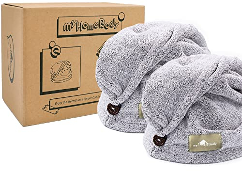 myHomeBody Haartuch-Wickeltuch, luxuriöser, schnelltrocknender Turban, ultraweiche, saugfähige Kappe aus Kohlefaser, mit Kokosnussschalenknopf – Gray - 2 Pack
