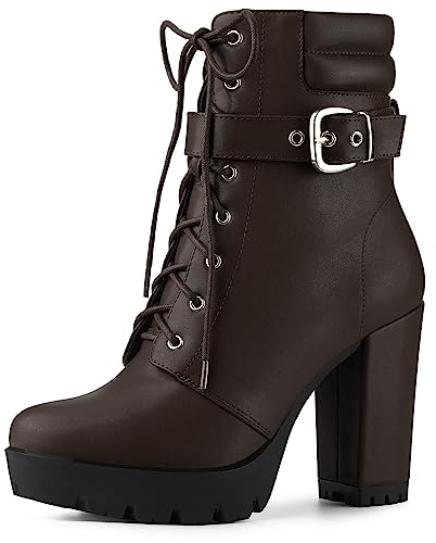 Allegra K Bottines à talon carré avec plateforme et boucle pour femme, café, 37 EU