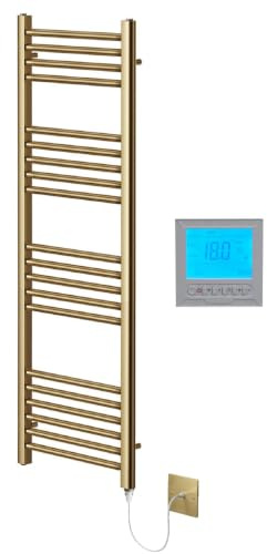 Greened House Brushed Brass Electric Towel Rail 300mm W x 1200mm H + Timer