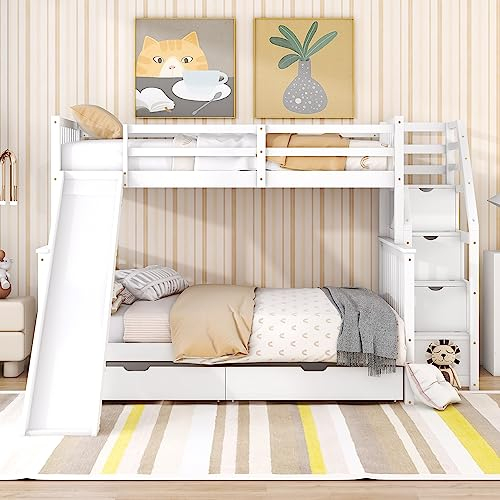 Moimhear Etagenbett für Kinder mit Schubladen, Stauraum und Kufen Mehrzweck weiß 90 x 200 über 140 x 200