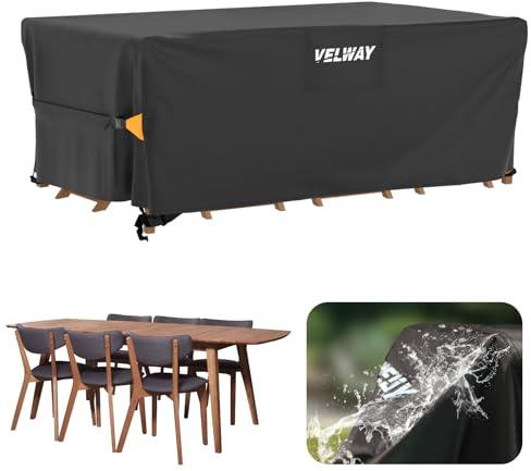 Velway Housse Salon de Jardin Imperméable - Housse Table de Jardin avec Boucles Coupe-Vent Protection pour Tous Les Temps pour Table et Chaise d'extérieur (Noir,180x120x74cm)