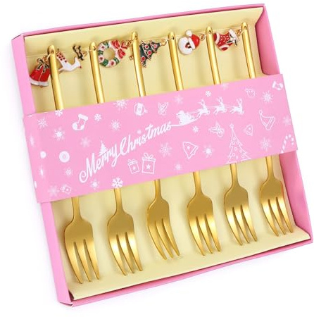A · HOUSEWARE Dessert Forks Gold Christmas Silverware Set Stainless Steel Flatware Small 6 Pieces Appetizer Utensils With Xmas Charms Handle for Festival Parties and Everyday Use