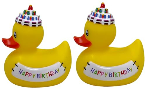 MIJOMA Juego de 2 patos de baño, juguetes para bañera, pintados a mano y sin látex, perfectos para fiestas, cumpleaños, Navidad, baby showers y más, decoración de baño, 8 cm de alto (feliz cumpleaños)
