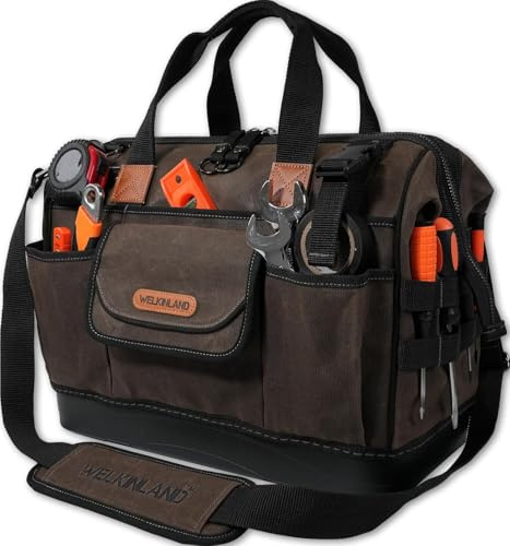 WELKINLAND 45-Pocket Waxed Canvas Tool Bag, 16-Inch Heavy-Duty Electrician's Tool Bag with Hard-Bottom & Quick-Access