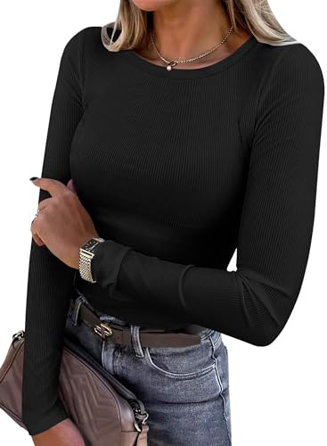 ANRABESS Women Long Sleeve Shirts Rib Knit Slim Fit Tops Basic Tee Spring Outfits Casual T-Shirt Underscrubs Layer Clothes Black X-Small