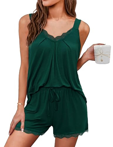 Uniexcosm Pyjama D'Été Sexy pour Femme Pyjama Court Femme Pigiama Di Cotone Donna Cravate en V avec Dentelle Vert Foncé XL