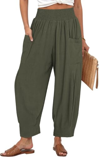 TARSE Women Linen Pants 2025 Summer Casual Loose Boho Wide Leg High Waisted Harem Pant with Pockets, ArmyGreen, L