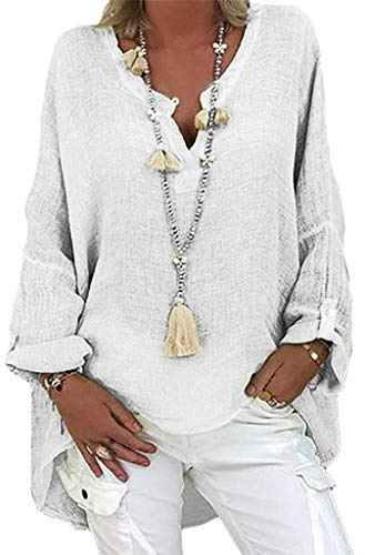MJGkhiy Camicia Donna Cotone Manica Lunga Bluse e Camicie Bianca Oversize Camicetta Lunga Lino Elegante Maglia Scollo A V Leggera Taglie Forti Top Curvy Tinta Unita Camicette Primavera Estiva 2025