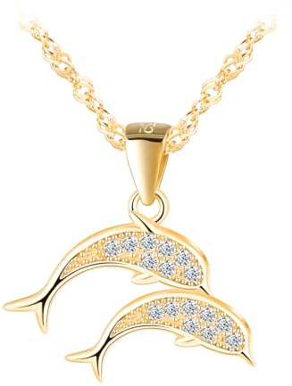 INFINIONLY Collier pendentif en argent 925 pour femme fille collier double dauphin avec zirconia avec chaîne de 45cm, Or