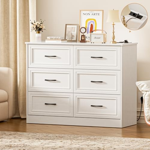 FiveWillowise Kommode weiß, Komode mit 6 schubladen, Sideboard Wohnzimmer mit 2 USB-Anschlüsse und 2 Ladefunktion, Komodenschrank für Schlafzimmer, Arbeitszimmer Flur, 106 x 81.5 x 39 cm