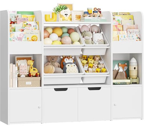 FOREHILL Kinderregal, Bücherregal für Kinder, Kinderzimmer Möbel aus Holz Regal für Kinderzimmer mit 2 Aufbewahrungsbox auf Rollen, Kinderschrank mit 4 Boxen 126x30x104cm