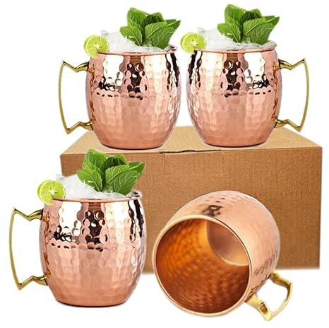 BOLD & DIVINE Moscow Mule Copper Mugs - Set of 4-100% HANDCRAFTED - Food Safe Pure Solid Copper Mugs with Gold & Brass Handle - 16 oz Christmas Gift Set | Perfect for Bars, Parties & Gifts