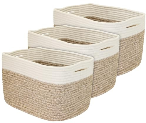 HMF Cesta de almacenamiento con asas ocultas, juego de 3, cesta de algodón, 37,5 x 25 x 22,5 cm, color blanco y marrón