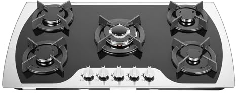 Cocina de gas de 5 fuegos, quemador de gas empotrable, 90 cm, estufa de gas, gas natural/propano para hogares o restaurantes Gas Stove para gas natural o GLP, protección automática de llama