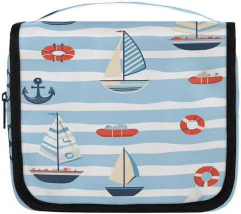 Kuquteed Anchor Sailboat Hanging Toiletry Bag for Women Men Waves Lifebuoy Makeup Cosmetic Bag Water Resistant Portable Toiletries Organizer Bag for Travel Accessories Essentials