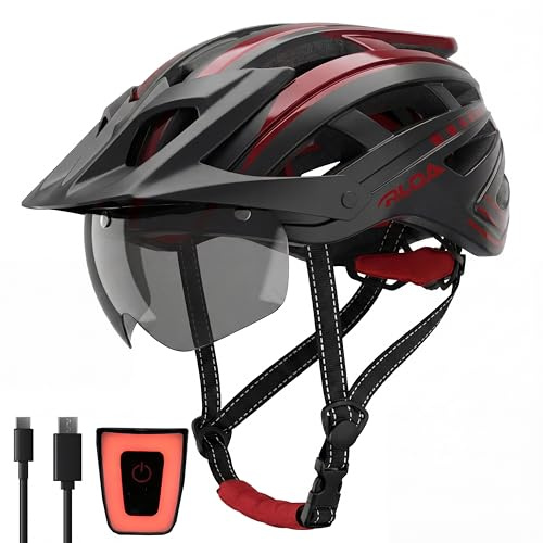 RLQA Casco Bici Uomo Donna con Luce LED Posteriore a 5 Modalità e Visiera Magnetica, Casco MTB e Bici da Strada, 24 Prese d'Aria, Leggero e Regolabile (L, 58-61 cm), Nero e Rosso