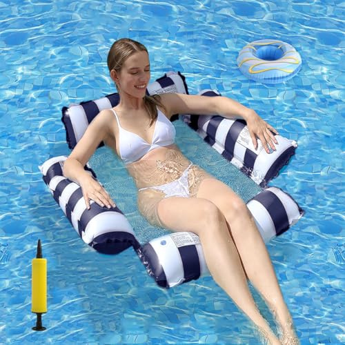 Swimming Lilo Pool Inflatables for Adults, 4 in 1 Inflatable Pool Chair | Relaxing Floats for Swimming Pools, Water Hammock with Drink Holder Air Pump, Inflatable Lilo for Summer Water Party