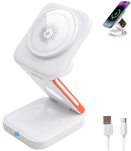 Cargador Inalámbrico 3 en 1 Plegable 15W, Estación de Carga Rápida para Phone 17/16/15/14/13/12 Pro/Max/Plus, Watch Ultra/10/9/8/7/SE, Auricular y Móviles Qi, Base Antideslizante y Luz Nocturna Táctil