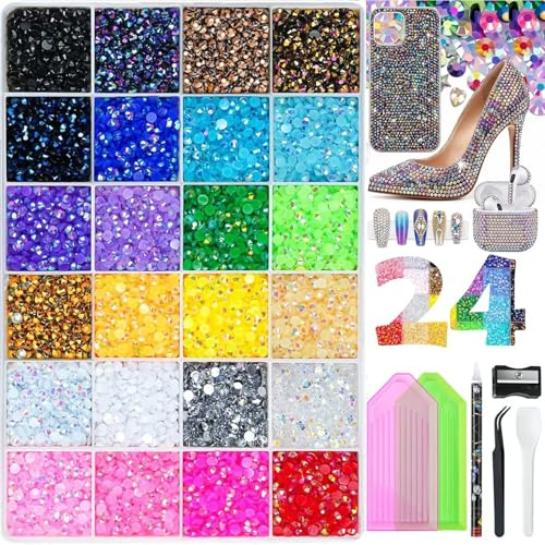 Kit Bedazzler Strass per Unghie Kit di Decorazione con Pietre Glitter da 3 mm Pinzette e Set di Strumenti Strass in Resina Jelly a Base Piatta per NailArt Fai da Te Tessuti e Diamond Painting 24Colori