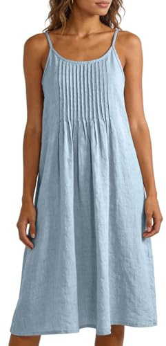 Tnebdvcsk Womens Linen Cami Midi Dress Pleated Sleeveless Summer Sundress Casual Loose Flowy Lightweight Breathable Spaghetti Strap Holiday Everyday Wear