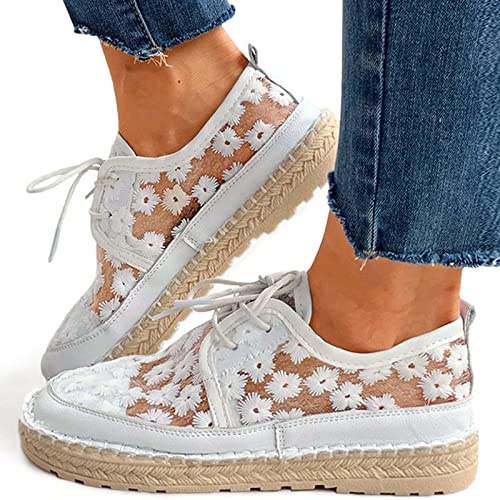 Chaussures Dirndl pour femme - Blanc - En tissu - Élégantes baskets pour femme - Chaussures d'été élégantes et confortables avec dentelle - Baskets plates pour costume traditionnel