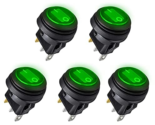 Linkstyle 5 Stück Wasserdichter Runde Kippschalter, 12V EIN/AUS Schalter mit Grün LED Licht, SPST Selbsthemmung Wippschalter für Auto