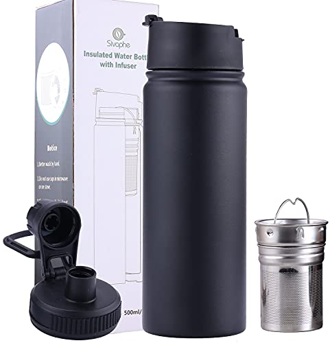 Sivaphe Insulated Water Bottle with Tea Infuser Filter and 2 Lids Drink Flask Stainless Steel for Camping Picnic Hiking Home 500ml Black