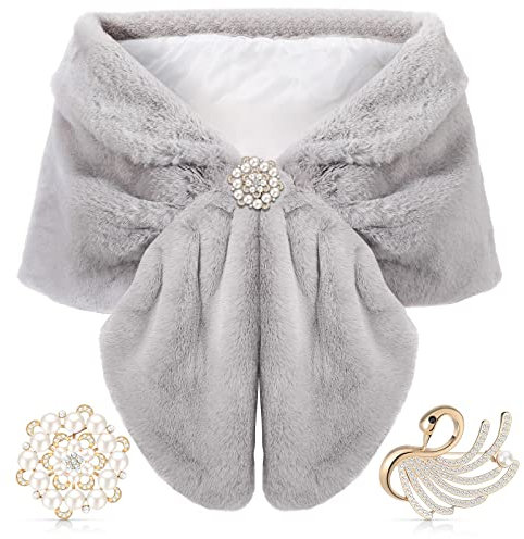 Geyoga Kunstpelz Schal Wickeln Stola Zucken Winter Braut Hochzeit Schal Wickeln mit Kunstperle Strass Broschen für Frauen (Silbergrau, Kurzes Haar)