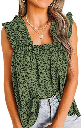 PRETTYGARDEN Womens Blouse Sleeveless Boho Floral Tank Tops Summer Casual Sleeveless Shirts Tops Pleated Smocked Tank T Shirts (Green, Medium)