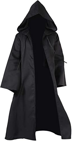 SINSEN Robe Jedi pour adulte - Cape à capuche médiévale - Costume pour Halloween, carnaval, sorcière, vampire, chevalier et cosplay (cape noire, taille XL)