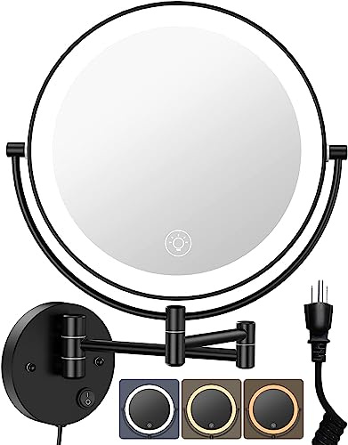 Benbilry 9 Large Wall Mounted Lighted Makeup Mirror, 1X/10X Magnifying 2-Sided AC Plug-in Powered Bathroom Mirror with 3 Color Lights, Touch Dimmable, Extended Arm 360° Rotation, 【Black】