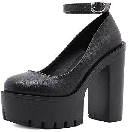 Goth Plate-forme Cristal Cheville Sangle Bout Rond Pompes Crochet Bloc Chunky Bloc Talons Hauts Mode Robe Chaussures Soirée Mary Jane Chaussures Wrap Toe Sexy Robe De Soirée Chaussures pour Femmes