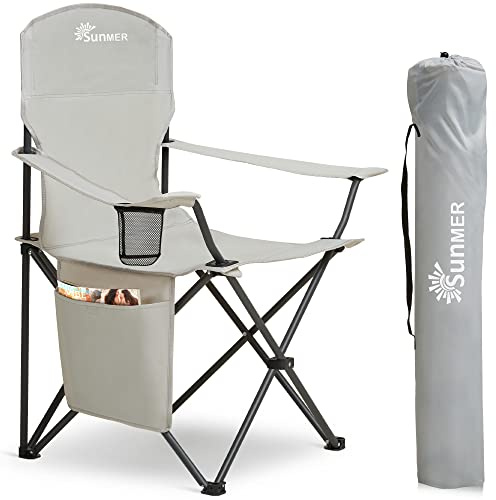 SUNMER Folding Camping Chairs, Extra Wide Lightweight Outdoor Chairs with Armrests and Cup Holder, 120 kg Capacity - Light Grey