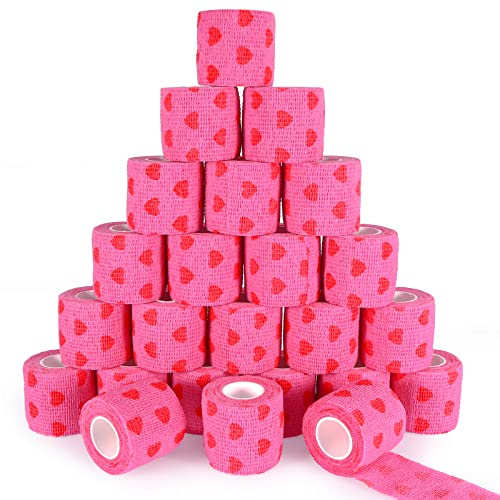 24 Pack Self Adherent Cohesive Bandage Wrap, 2” x 5 Yards Elastic Grip Tape Pink Vet Wrap for Dogs, Flexible Stretch Athletic Bandages Wrap for First Aid Medical, Sports, Ankle, Wrist Sprains