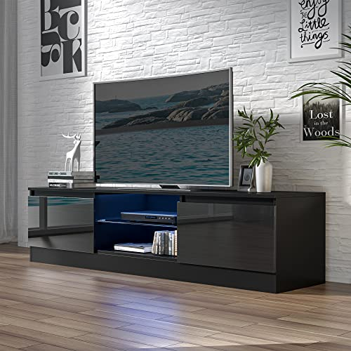 Schwarzer TV schrank mit LED-Beleuchtung für TV-Geräte bis 70 Zoll, Entertainment-Center mit Highlight-Stauraum und Verstellbaren Offenen Ablagen, Moderner Fernsehschrank für Wohn- und Schlafzimmer