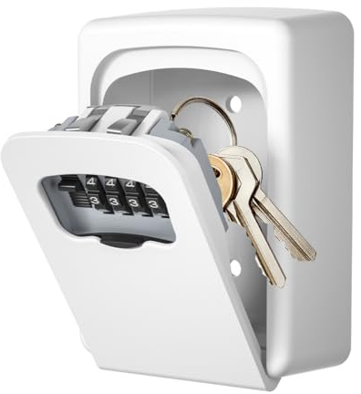 Key Lock Box Wall Mounted, Fayleeko 4 Digit Combination Lockbox for Outside, House Keys - 5 Keys Capacity, Key Safe Security Storage Lock Box for Indoor, Outdoor, Garage, Garden, Store (White, 1Pack)