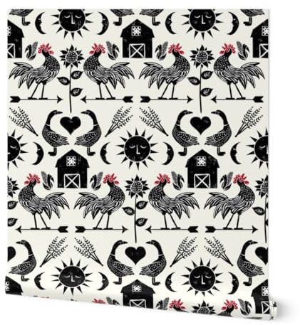 Removable Wallpaper 6ft x 2ft - Modern Farmhouse Minimalist Barn Rooster Weathervane Sun Moon Duck Animals Sunflower Custom Pre-Pasted Wallpaper by Spoonflower
