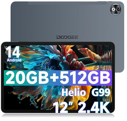 DOOGEE T40 Pro Tablet 12 Pulgadas, 20GB RAM + 512GB ROM (TF 2TB) Tablet Android 14, 2.4K Pantalla IPS Gaming Tablet con Helio G99 y 10800mAh Batería, 4 Altavoces, 168MP/Dual SIM 4G/5G WiFi/Widevine L1