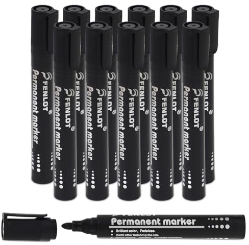 Waytex Lot de 12 Marqueurs Permanents Noir Pointe Conique Encre indélébile Feutre Pointe Ogive 1,5 à 2 mm