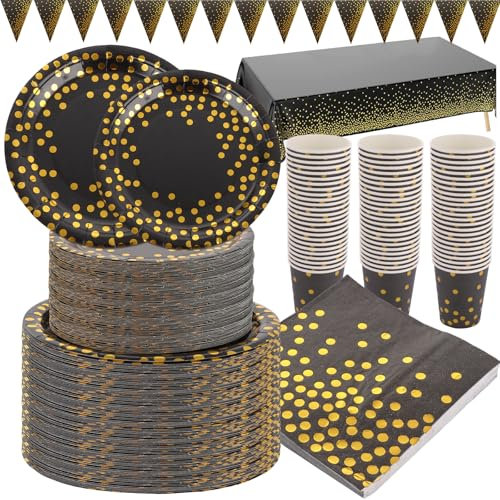 SHUESS Juego de 202 platos de papel negro y dorado, suministros de fiesta negros y dorados, vajilla de fiesta de lunares dorados incluye platos de papel negro, servilletas, vasos de 9 onzas, mantel,