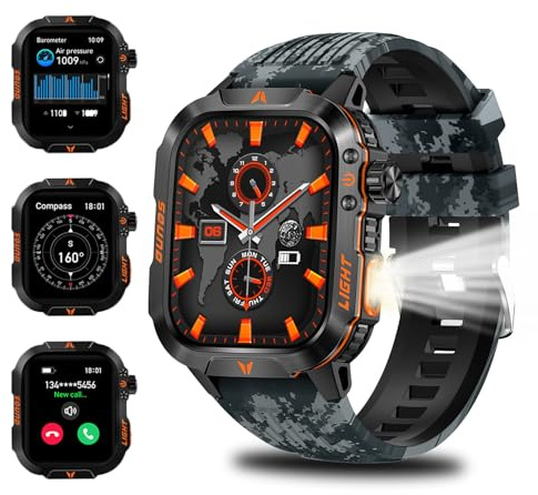 QTLLBT Men's Military Smart Watch HD Compass Altimeter Barometer Fitness Tracker Sports Watch Pedometer Mountaineering Watch Sleep Monitoring Function Men's and Women's Watches