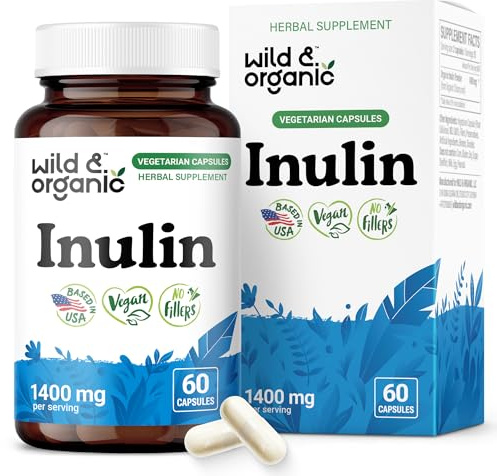Wild & Organic Inulin Prebiotic Fiber Capsules 1400 mg - Digestive & Gut Support - Chicory Root Inulin Powder Supplement - Vegan, No Fillers, Non-GMO - 60 Count