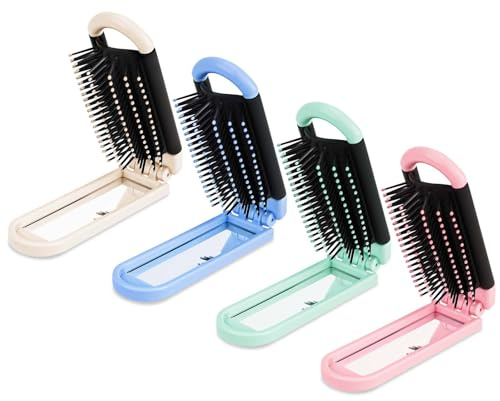 4 Pieces Travel Hair Brush, Plastic Hair Massage Comb with Small Mirror Folding Pocket Foldable Compact Colorful Mini Brush Set Portable Styling Tools for Women