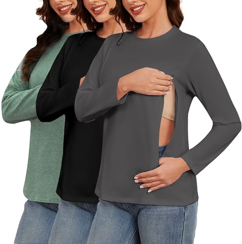 Love2Mi 3-Pack Women's Long-Sleeved Nursing Shirt with Zipper Maternity Wear for Breastfeeding T-Shirts for Pregnant Women, L