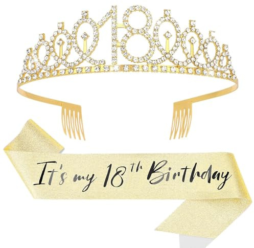 Set Diadème et Écharpe Anniversaire 18 Ans – Doré « It's my 18th Birthday » Argentée Couronne Cristal Cadeau Fête pour Filles Accessoires Anniversaire 18 Ans