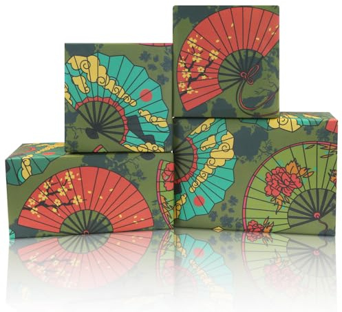 Set di 4 fogli di carta da regalo in stile asiatico giapponese con fiori e nuvole su sfondo verde oliver, 70 x 50 cm per foglio, carta regalo per compleanni, matrimoni, artigianato artistico e